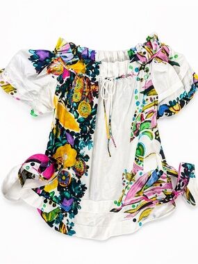 Vintage Roberto Cavalli 100% Cotton Abstract Floral Print Off-Shoulder Tunic
